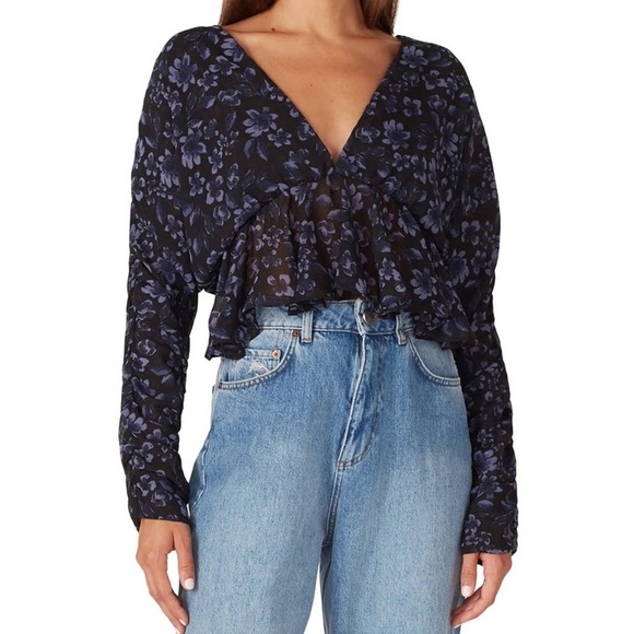 MISA Los Angeles Kesara Top XS Navy Floral Peplum Blouse NWOT Cropped - Picture 4 of 12